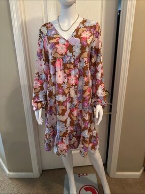 HEIMISH USA Brown Floral Midi Dress with Pink, Lavender, Blue Accents